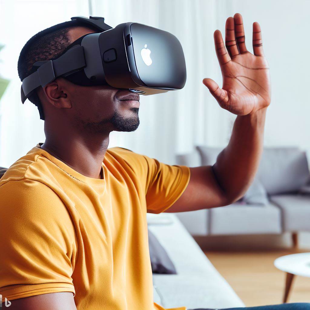 A person wearing Apple Vision Pro headset in a living room