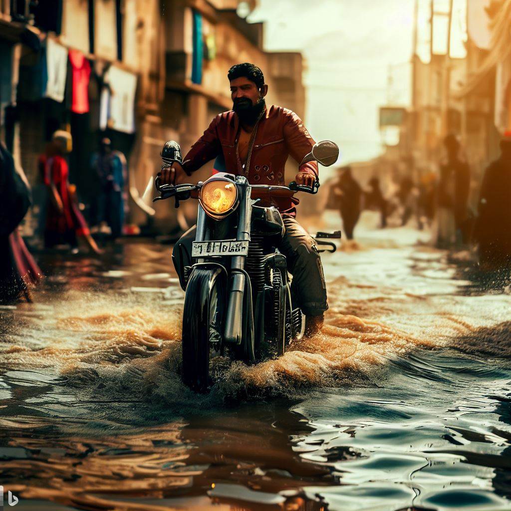 A man rides a motorcycle through a flooded street in India